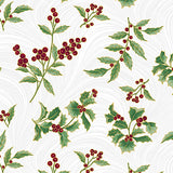 White on white background swirls with tossed large scale holly berries and leaves edged with gold..
