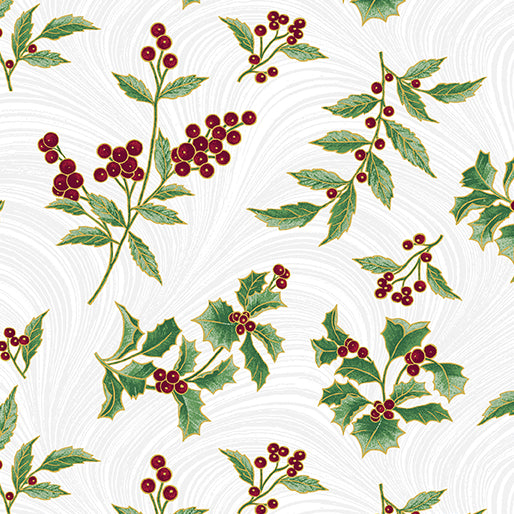 White on white background swirls with tossed large scale holly berries and leaves edged with gold..
