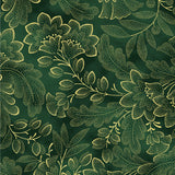 Deep hunter green fabric with large metallic gold flowers, leafy branches and finely dotted botanical motifs in an elegant all-over design.