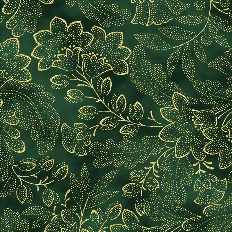 Deep hunter green fabric with large metallic gold flowers, leafy branches and finely dotted botanical motifs in an elegant all-over design.