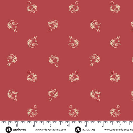 Cranberry red Christmas quilting cotton fabric featuring small cream jingle bells scattered across a deep red background with curled hanging loops and decorative stripes.
