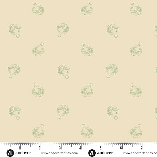 Cream Christmas quilting cotton fabric featuring small sage green jingle bells scattered across a warm cream background with curled hanging loops and decorative stripes.
