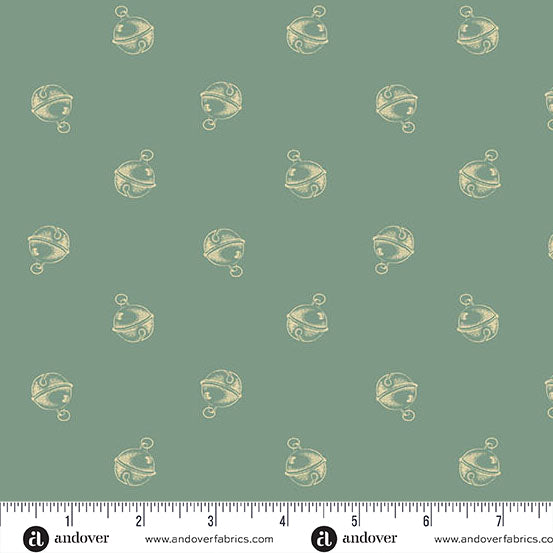 Vintage blue Christmas quilting cotton fabric featuring small cream jingle bells scattered across a muted blue background with curled hanging loops and decorative stripes.