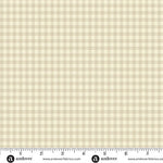Small cream and beige gingham check quilting fabric with a subtle linen-look texture, shown with Andover Fabrics selvage markings. Frontier Fabrics.