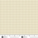 Small cream and beige gingham check quilting fabric with a subtle linen-look texture, shown with Andover Fabrics selvage markings. Frontier Fabrics.