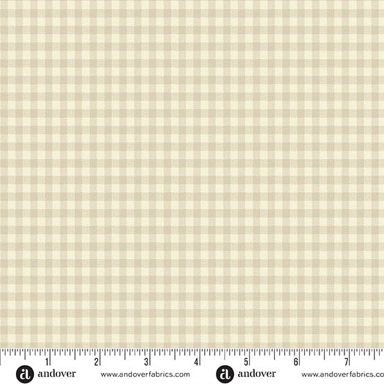 Small cream and beige gingham check quilting fabric with a subtle linen-look texture, shown with Andover Fabrics selvage markings. Frontier Fabrics.