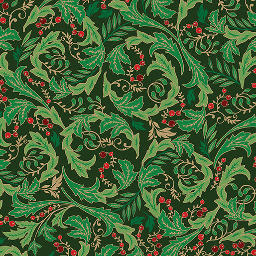 Deep green Christmas fabric with flowing green holly leaves, decorative curling foliage, taupe accents and clusters of bright red berries. Leaves and Berries Forest Green Holiday Nouveau Benartex.