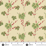 Buttercream Christmas quilting cotton fabric featuring green leaves and red berries on thin brown branches scattered across a warm cream background.