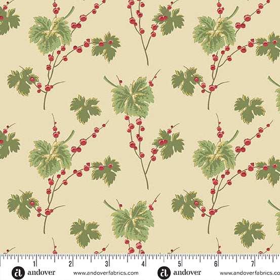 Buttercream Christmas quilting cotton fabric featuring green leaves and red berries on thin brown branches scattered across a warm cream background.