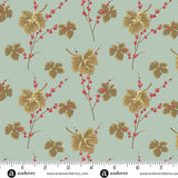 Vintage blue Christmas quilting cotton fabric featuring olive green leaves and red berries on thin brown branches scattered across a pale blue background.