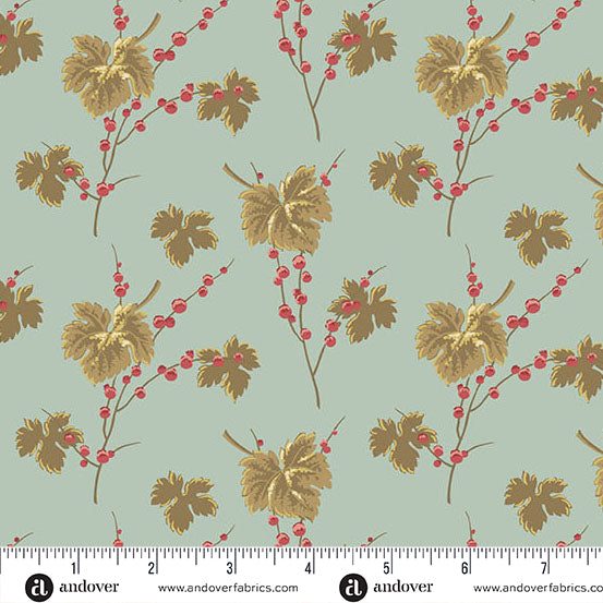 Vintage blue Christmas quilting cotton fabric featuring olive green leaves and red berries on thin brown branches scattered across a pale blue background.