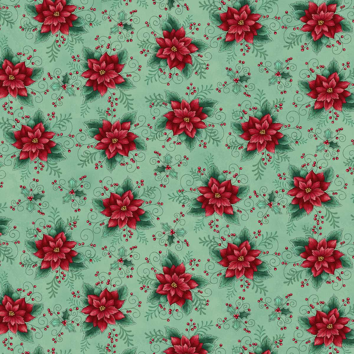 Light teal Christmas quilting cotton fabric with red poinsettias, green holly leaves and red berries scattered across the light teal background.