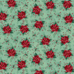 Light teal Christmas quilting cotton fabric with red poinsettias, green holly leaves and red berries scattered across the light teal background.