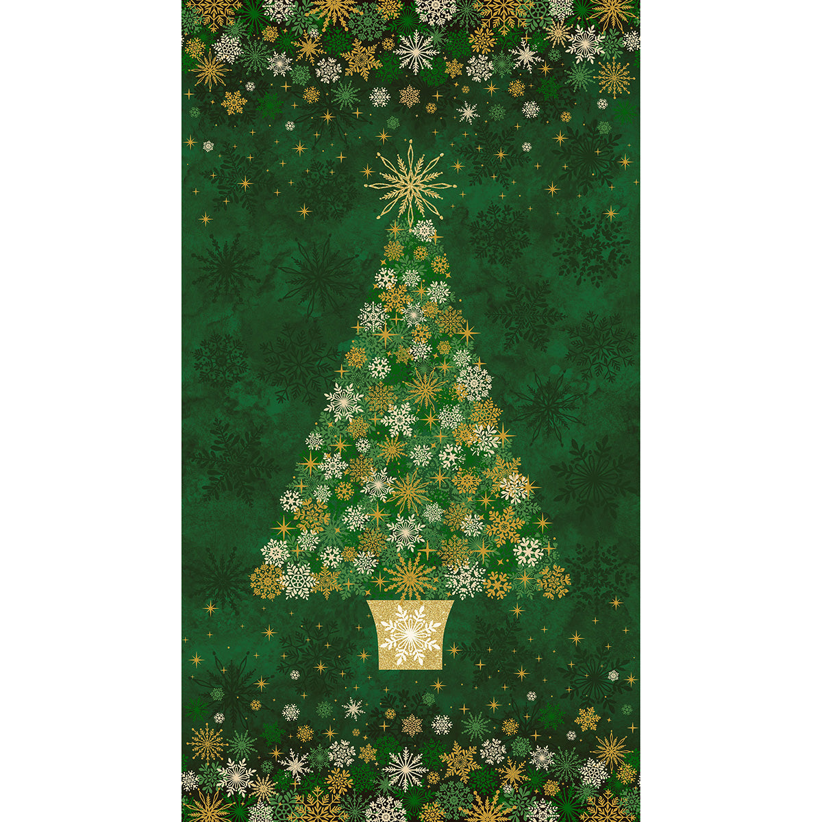 Deborah Edwards Christmas panel with emerald tree and metallic gold snowflake motifs