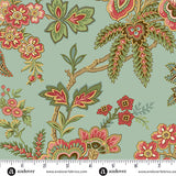 Vintage blue quilting cotton fabric featuring large red, pink and cream flowers, green leaves, small blossoms and curved branches across a pale blue background.