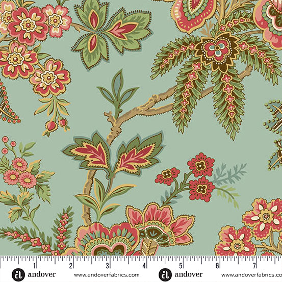 Vintage blue quilting cotton fabric featuring large red, pink and cream flowers, green leaves, small blossoms and curved branches across a pale blue background.
