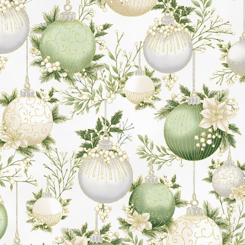 Hoffman Gold Christmas Wish Parchment Gold fabric featuring ivory, sage green and silver Christmas baubles with holly, pine branches, pale berries and poinsettias accented in metallic gold.