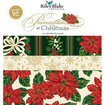 Range features poinsettia blooms, ornaments, holly, snowflakes, text prints, plaids, stripes and border stripes in a rich festive palette of red, green, cream, black, white and metallic gold foil accents.