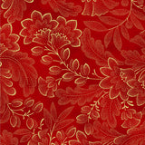 A striking festive floral featuring bold blossoms, leafy sprigs and botanical silhouettes in shimmering metallic gold against a rich scarlet red background. Fine dotted detailing within the flowers and leaves adds texture and sparkle, giving the design an ornate, luxurious finish. Ideal for Christmas quilts, table runners, stockings, bags and elegant seasonal décor.