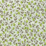 Delicate Green Floral is a small-scale floral vine print on a soft cream background. Fine taupe-brown trailing stems weave gently across the fabric, scattered with tiny fresh green blossoms, buds, and muted leafy details. The design has a light, natural and slightly vintage feel, making it a lovely choice for quilting, patchwork, craft projects, linings, and soft cottage-style sewing.