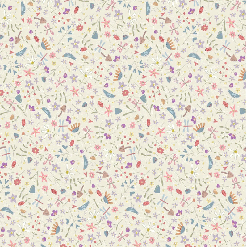 Slow & Steady Toss DV7422 fabric featuring tiny scattered wildflowers, leaves and buds in pink, lavender, blue, green, peach and yellow on a warm cream background.