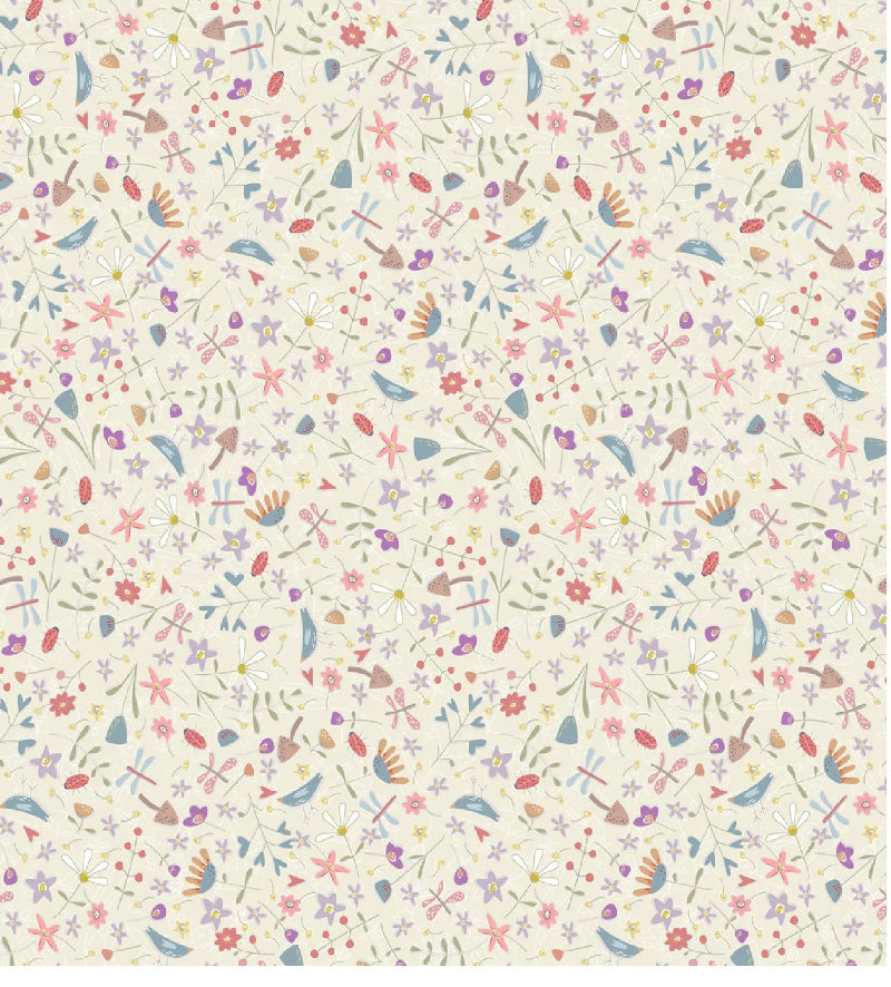 Slow & Steady Toss DV7422 fabric featuring tiny scattered wildflowers, leaves and buds in pink, lavender, blue, green, peach and yellow on a warm cream background.