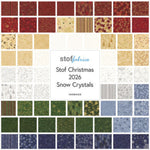 Snow Crystals 2026 collection by Stof Fabrics featuring coordinated Christmas fabrics in red, cream, green and blue with snowflakes, stars, stripes and winter-inspired patterns.