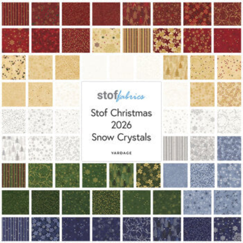 Snow Crystals 2026 collection by Stof Fabrics featuring coordinated Christmas fabrics in red, cream, green and blue with snowflakes, stars, stripes and winter-inspired patterns.