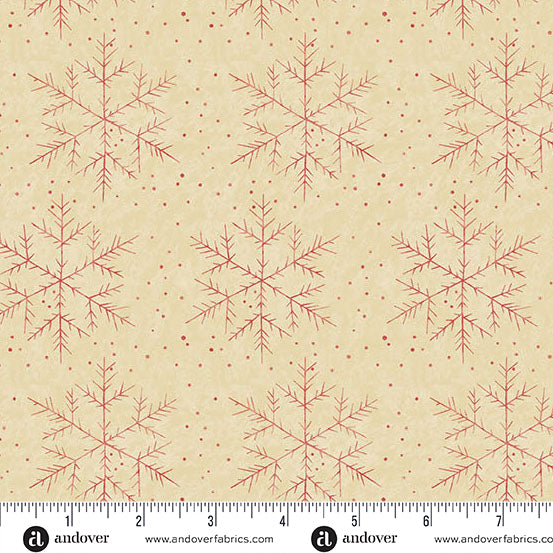 Latte Christmas quilting cotton fabric featuring large red line-drawn snowflakes and small red dots scattered across a warm cream background.