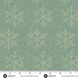 Sage green Christmas quilting cotton fabric featuring large cream line-drawn snowflakes and small cream dots scattered across a muted green background.