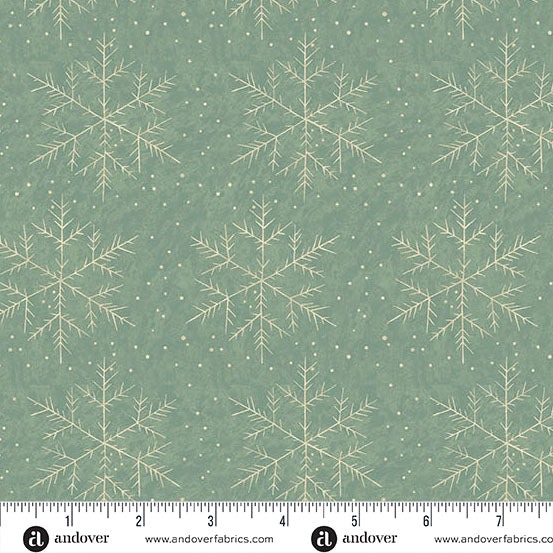 Sage green Christmas quilting cotton fabric featuring large cream line-drawn snowflakes and small cream dots scattered across a muted green background.