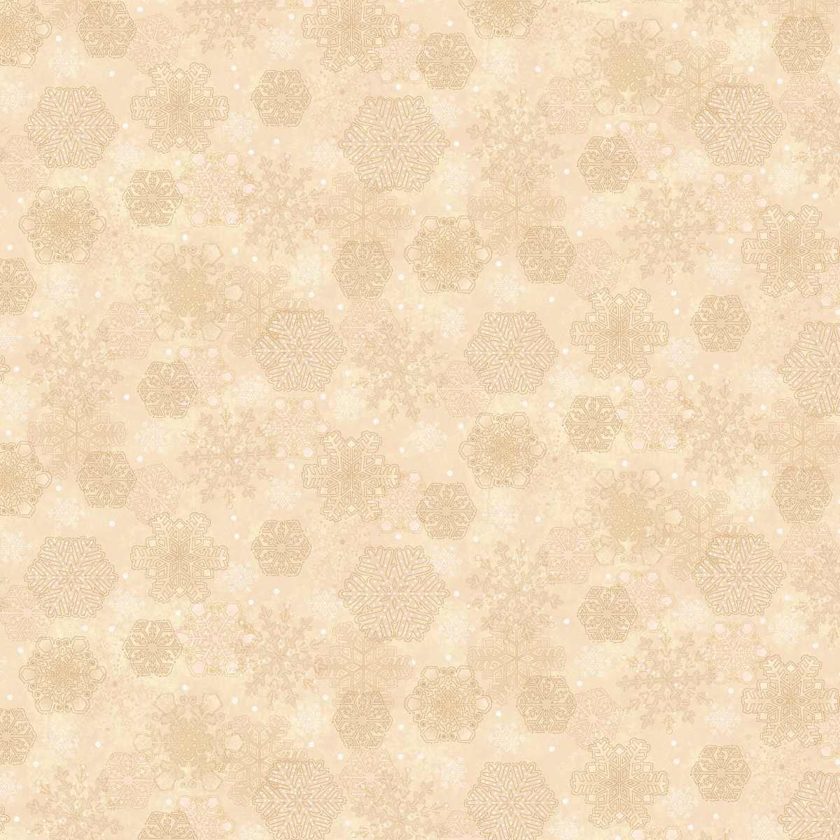 Cream Christmas fabric featuring an assortment of intricately detailed snowflakes in soft ivory, beige and pale gold tones, scattered across a warm mottled cream background with tiny white dots resembling falling snow.