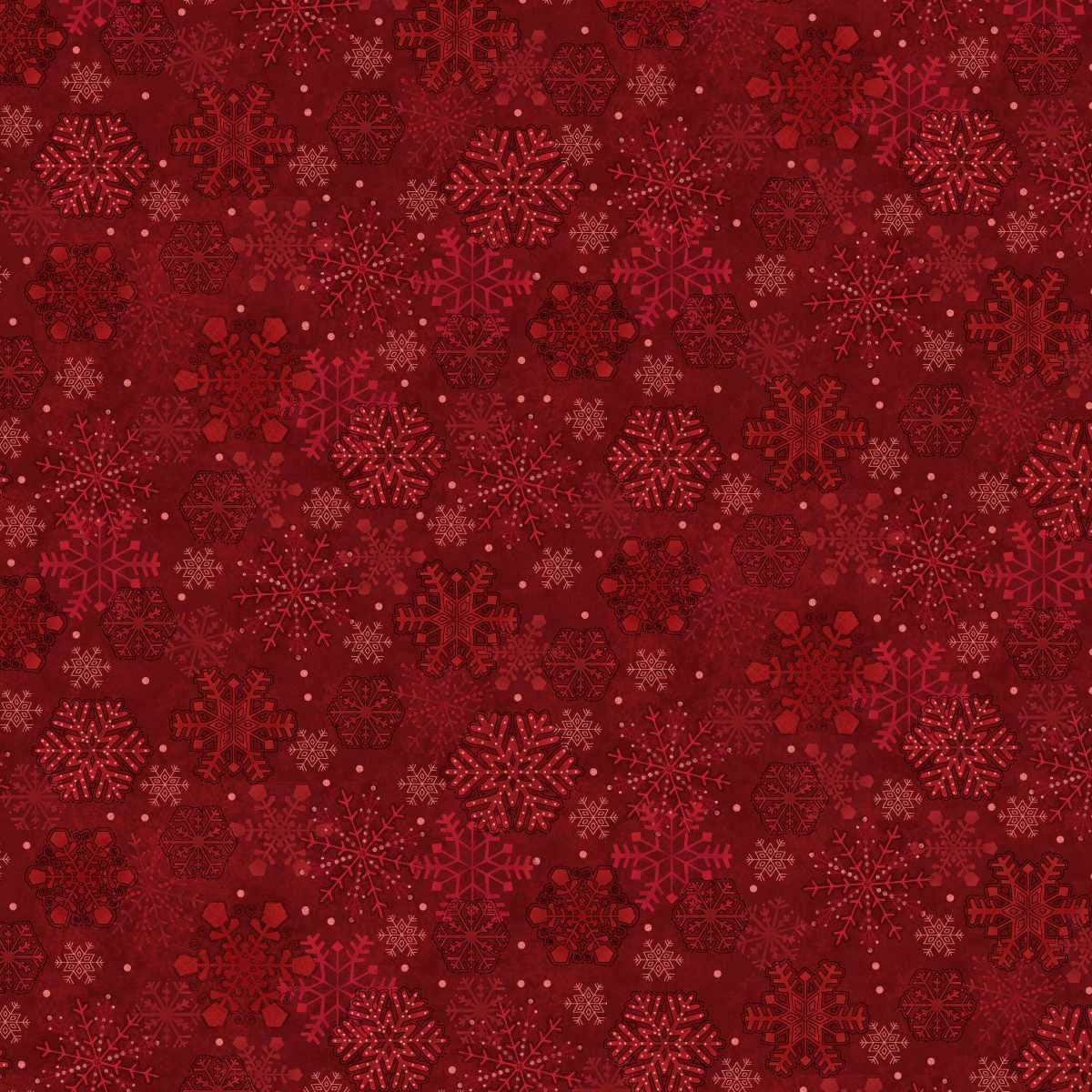 Red fabric featuring a detailed snowflake print with delicate white and cream snowflakes scattered across a rich red background. The winter-inspired pattern creates a festive holiday design with a mix of large and small snowflake details for a classic seasonal look.