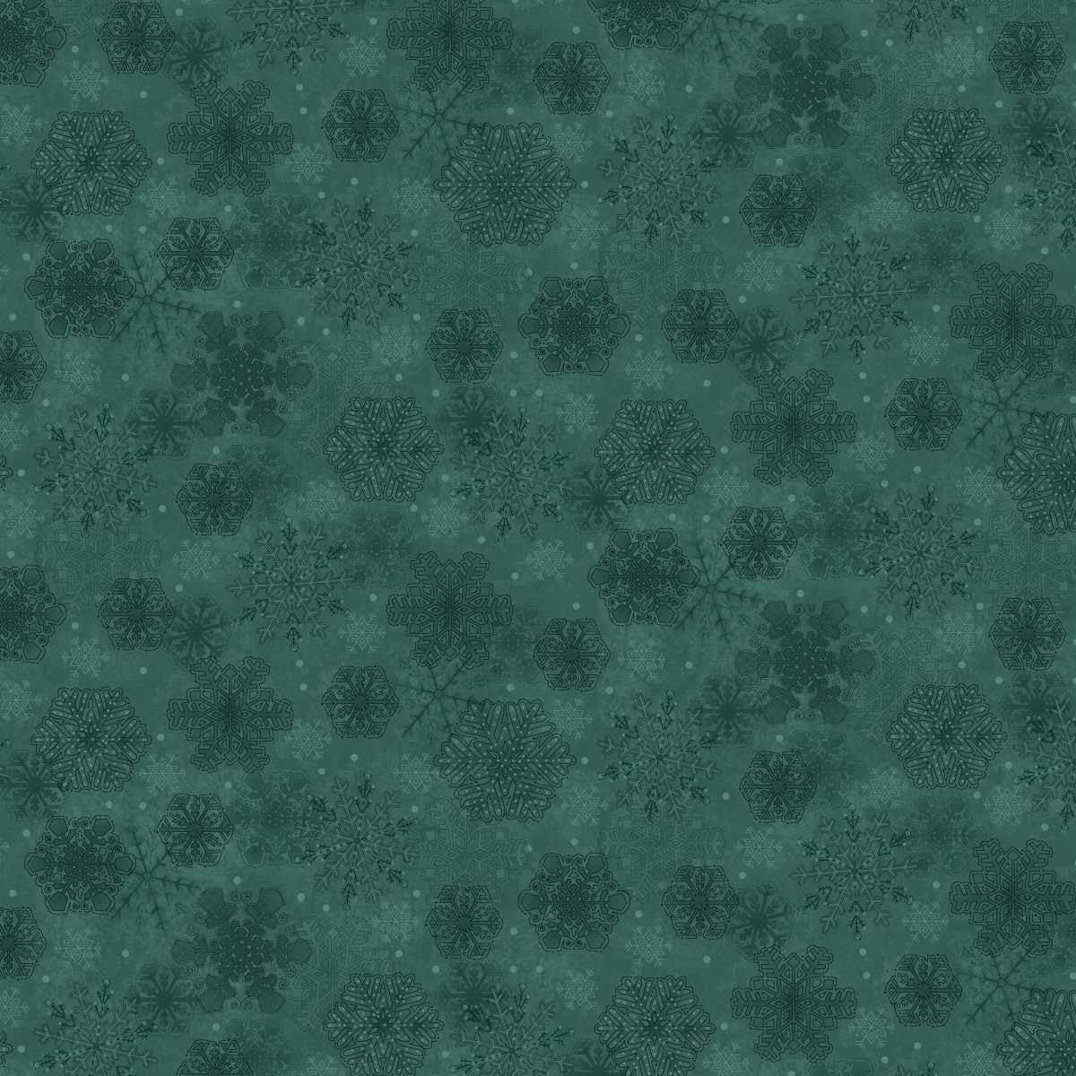 Teal Christmas fabric featuring an assortment of detailed snowflakes in lighter shades of teal, scattered across a dark teal background with subtle tonal variation throughout.