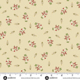 Buttercream Christmas quilting cotton fabric featuring snowmen in green hats, red scarves and mittens, with small potted Christmas trees scattered across a warm cream background.