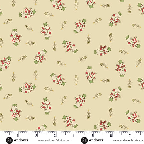 Buttercream Christmas quilting cotton fabric featuring snowmen in green hats, red scarves and mittens, with small potted Christmas trees scattered across a warm cream background.