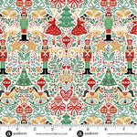  A festive Christmas print featuring Nutcracker-inspired motifs on a soft cream background. The design includes charming seasonal elements such as sugar plum fairies, nutcracker figures, rocking horses, stars, hearts, trees, bells, and other fairytale-style details. M229Q