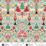  A festive Christmas print featuring Nutcracker-inspired motifs on a soft cream background. The design includes charming seasonal elements such as sugar plum fairies, nutcracker figures, rocking horses, stars, hearts, trees, bells, and other fairytale-style details. M229Q