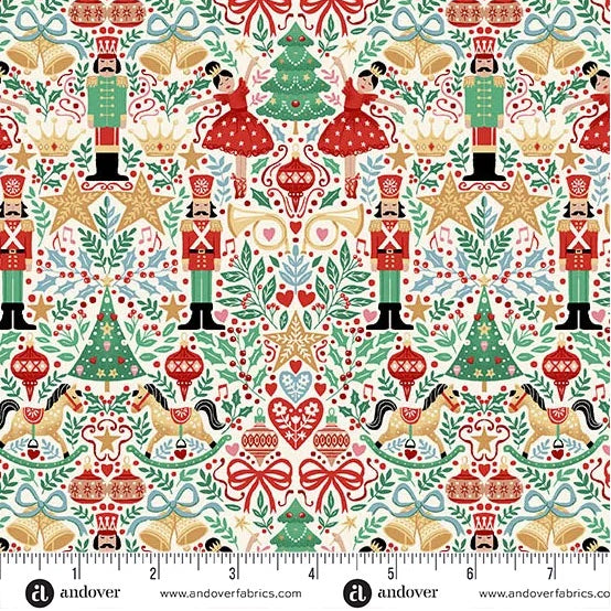  A festive Christmas print featuring Nutcracker-inspired motifs on a soft cream background. The design includes charming seasonal elements such as sugar plum fairies, nutcracker figures, rocking horses, stars, hearts, trees, bells, and other fairytale-style details. M229Q
