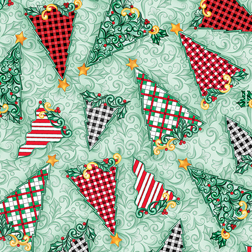 Jim Shore Highland Glen Tartan Trees fabric featuring patterned Christmas trees in red, green, black and white tartan and stripes with holly and gold stars on a pale aqua swirling background.