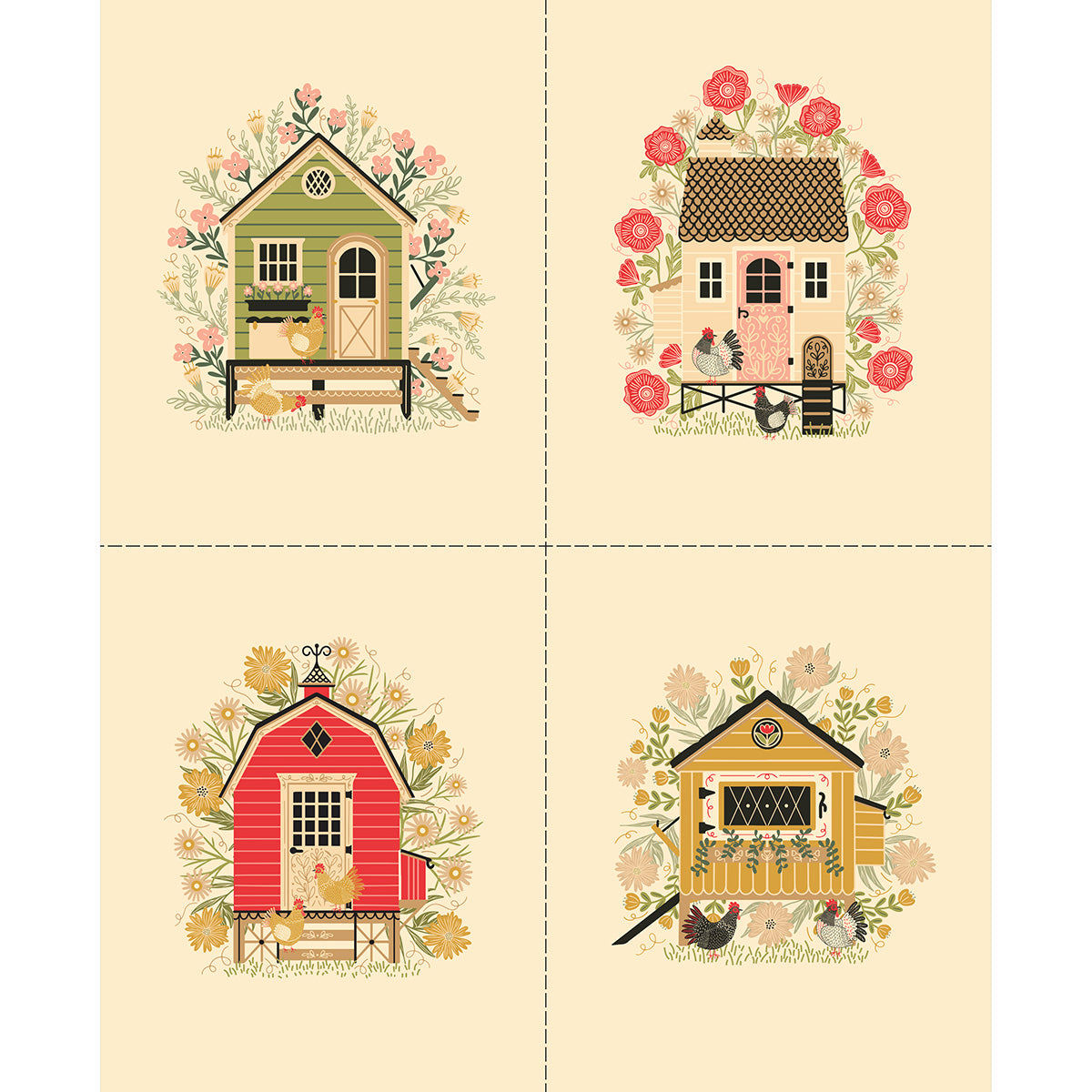 Gingiber Henhouse farmhouse chicken quilting panel with floral coops