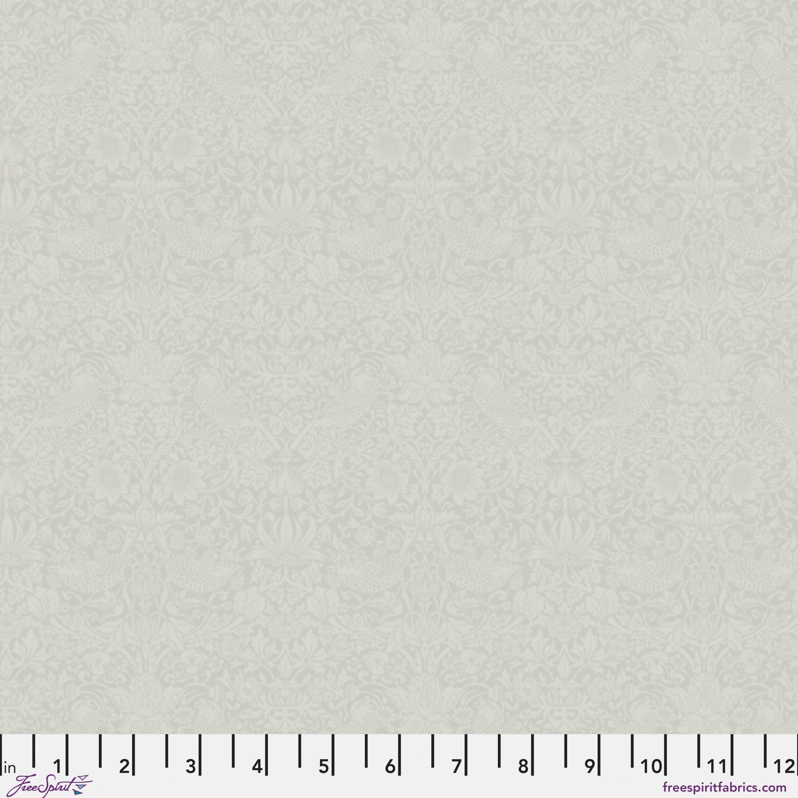 Light grey quilting cotton fabric featuring pairs of pale grey birds among strawberries, flowers and curling leaves across a light grey background.