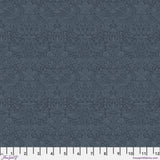 Dark navy quilting cotton fabric featuring pairs of muted blue birds among strawberries, flowers and curling leaves across a deep blue background in a tonal design.