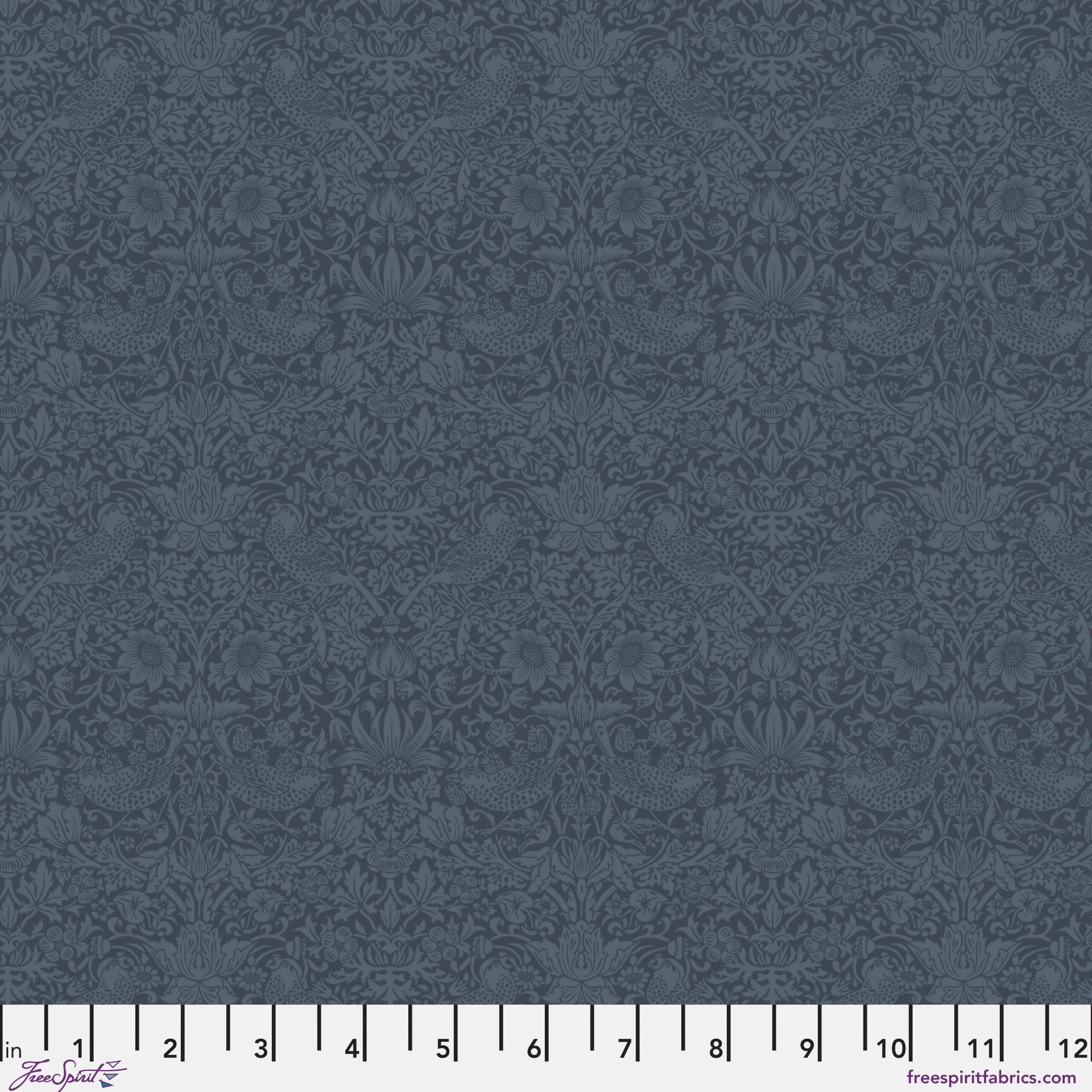 Dark navy quilting cotton fabric featuring pairs of muted blue birds among strawberries, flowers and curling leaves across a deep blue background in a tonal design.