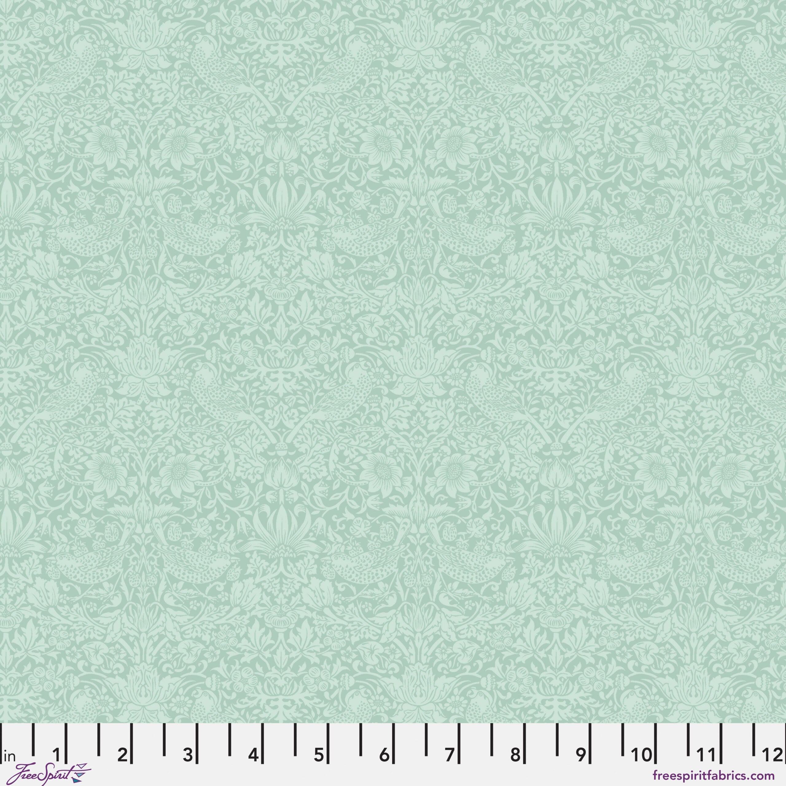 Blue-green quilting cotton fabric featuring pairs of pale blue birds among strawberries, flowers and curling leaves across a soft blue-green background.