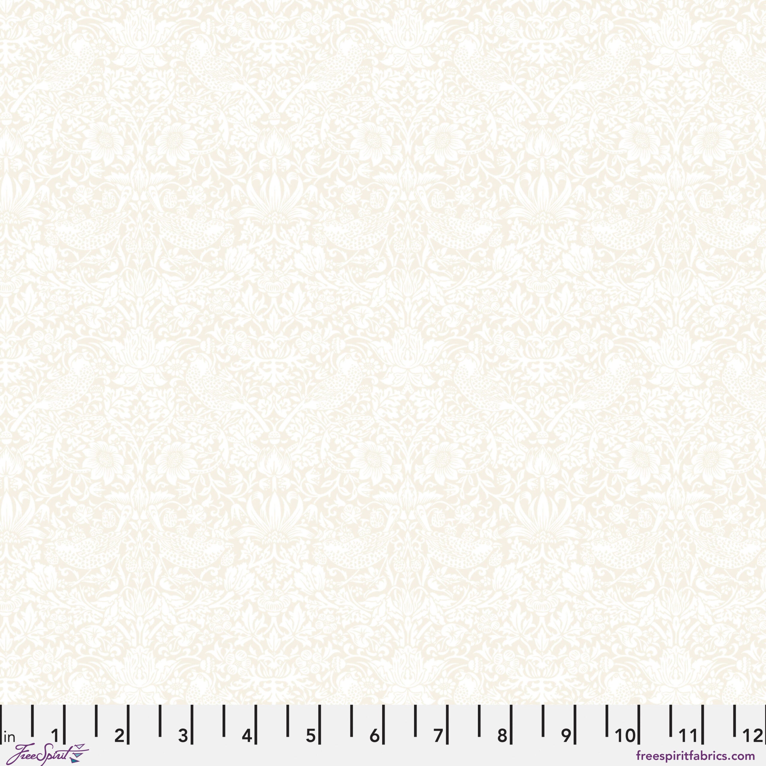 White quilting cotton fabric featuring pairs of pale cream birds among strawberries, flowers and curling leaves across a white background in a tonal design.