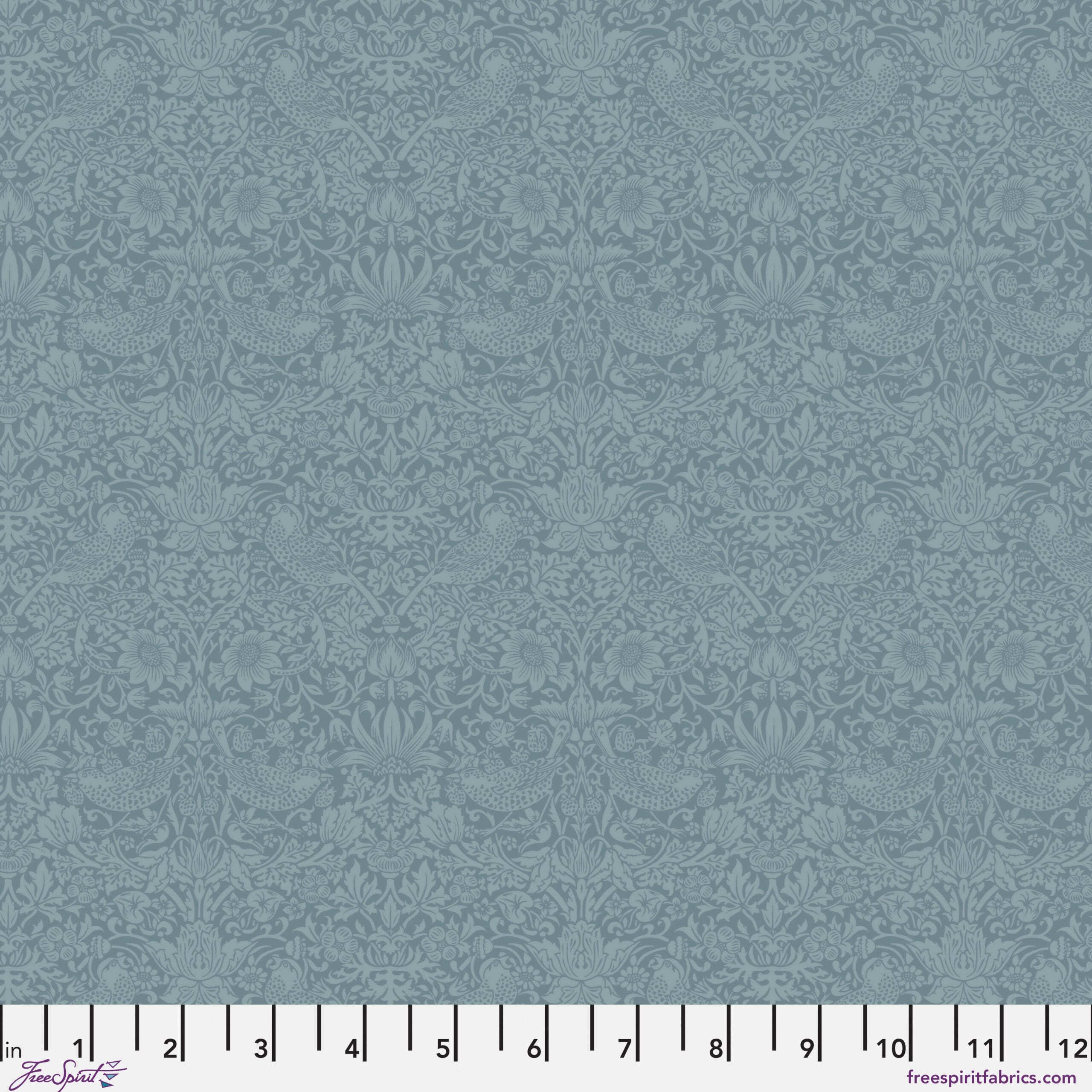 Blue quilting cotton fabric featuring pairs of light blue birds among strawberries, flowers and curling leaves across a muted blue background in a tonal design.