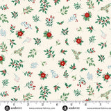 A festive Christmas cotton print featuring scattered holly sprigs, berries, leafy stems, and small poinsettia-style flowers on a soft cream background. M226Q