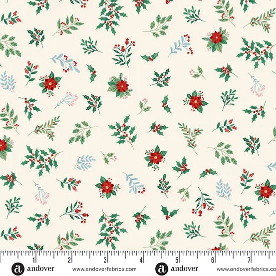 A festive Christmas cotton print featuring scattered holly sprigs, berries, leafy stems, and small poinsettia-style flowers on a soft cream background. M226Q