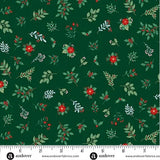 A festive Christmas cotton print featuring scattered holly sprigs, berries, leafy stems, and small poinsettia-style flowers on a deep forest green background. M226G